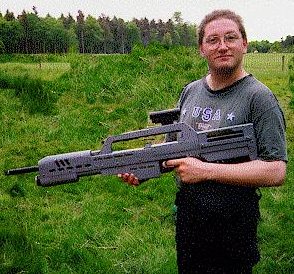 Phil Higgins showing one of his many scratch-built tag guns